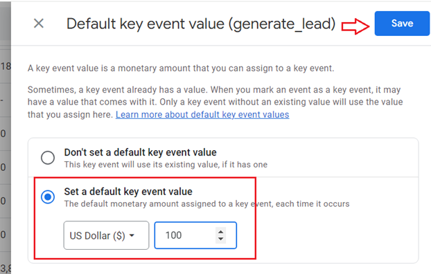 Click on the option ‘Set a default key event value