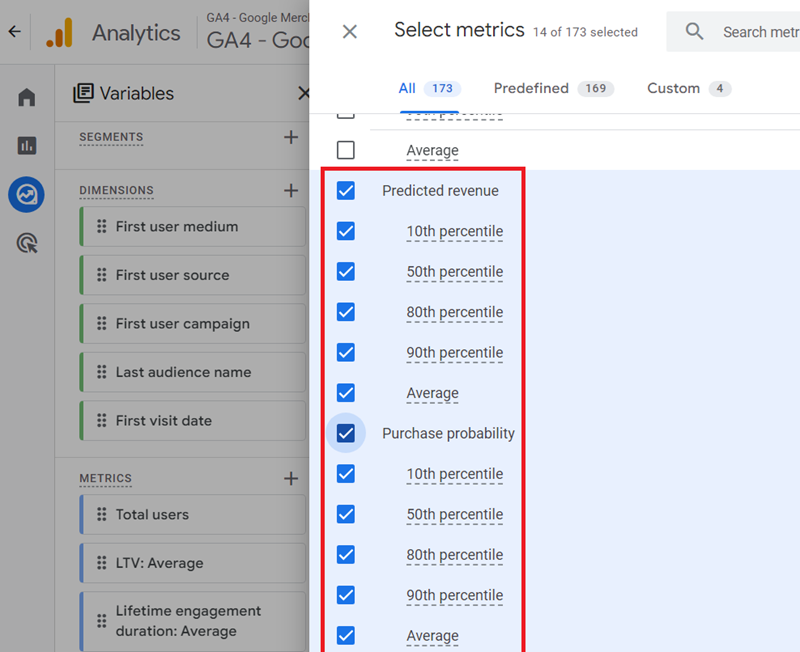Select the desired predictive metrics and then click on the ‘Import button