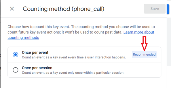 The default counting method for new conversions is ‘Once per event which is also the recommended option from Google