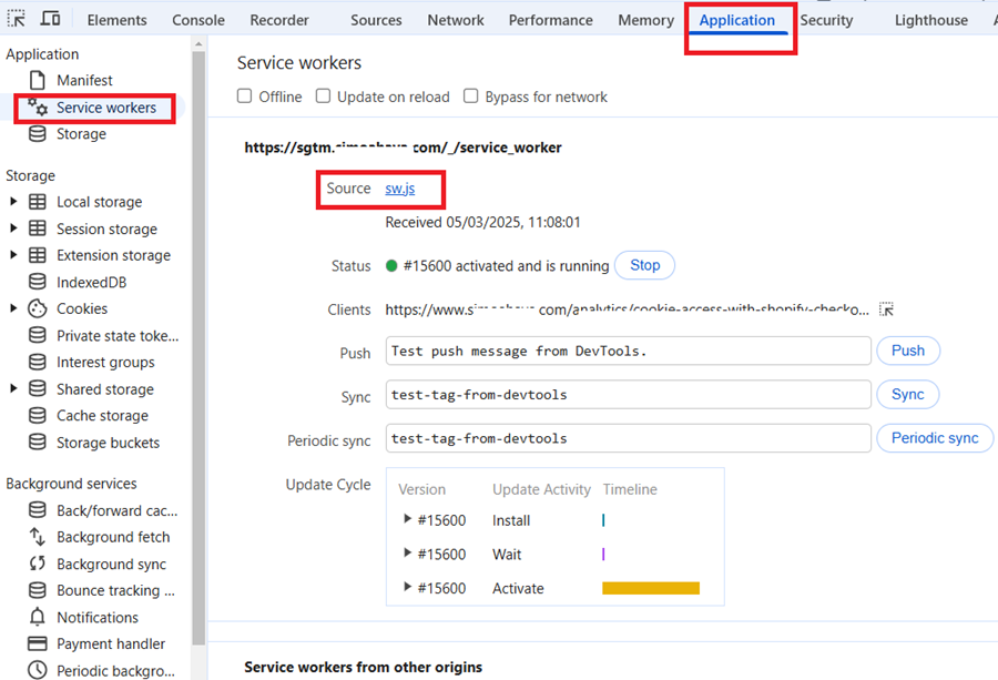 Under ‘Service Workers check if any script is registered by looking at the source file