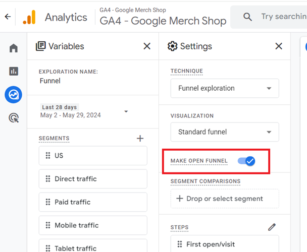 MAKE OPEN FUNNEL ga4