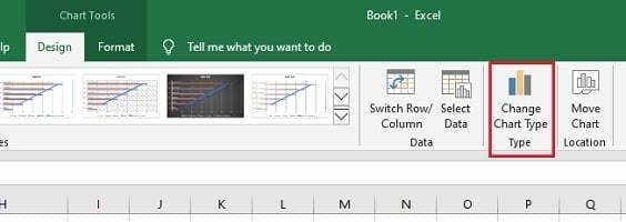 from the Design‘ tab click on the ‘Change Chart Type button